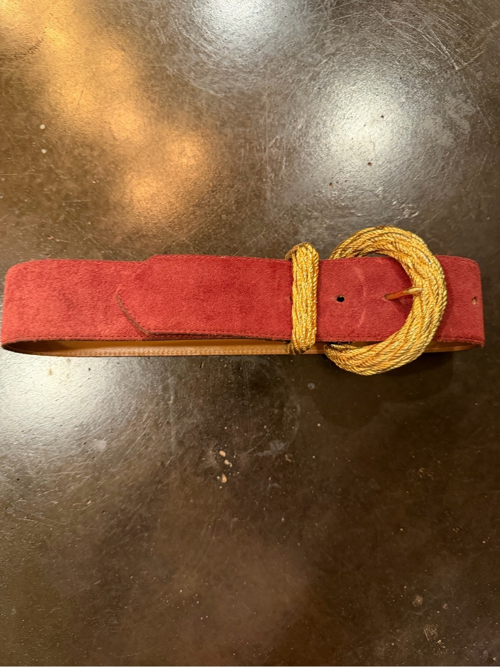 Vintage Linda Allard by Ellen Tracy burgundy suede belt w/gold rope buckle